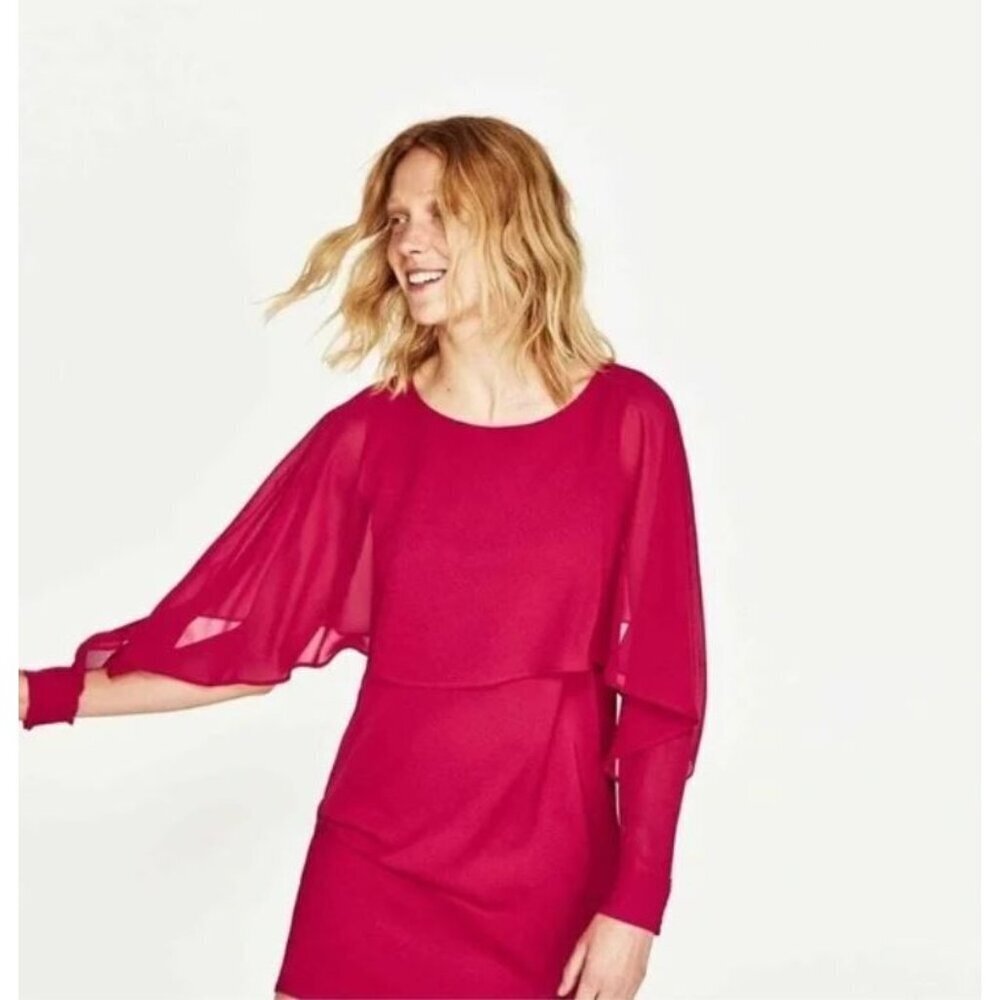 Zara Flowy Cape Dress in Fuschia Pink Chiffon & Crepe Size Large